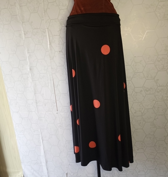 Lularoe long black skirt with orange polkadot pattern - Picture 9 of 13